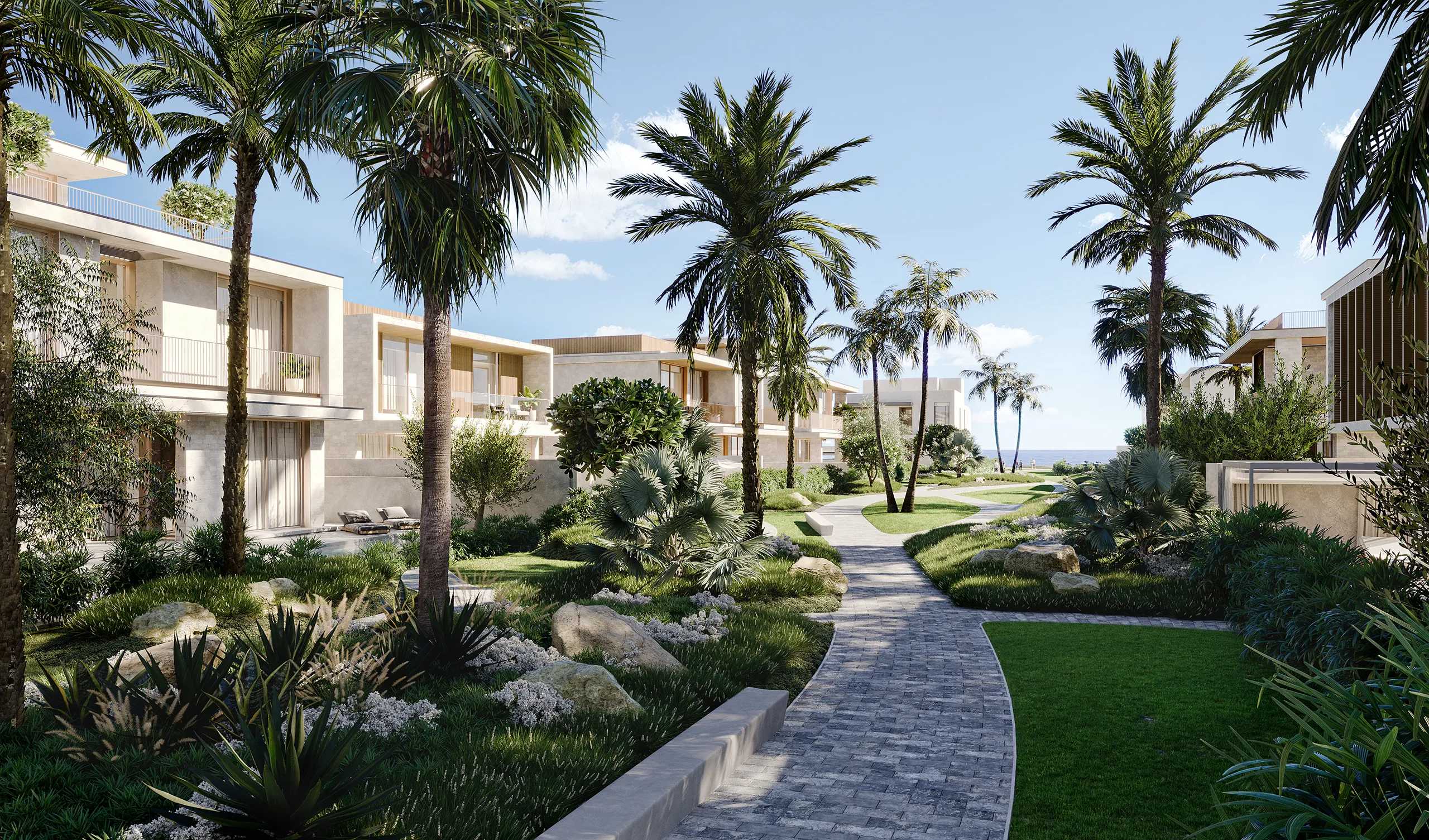 Bay Villas reference render — Green spaces, open skies.