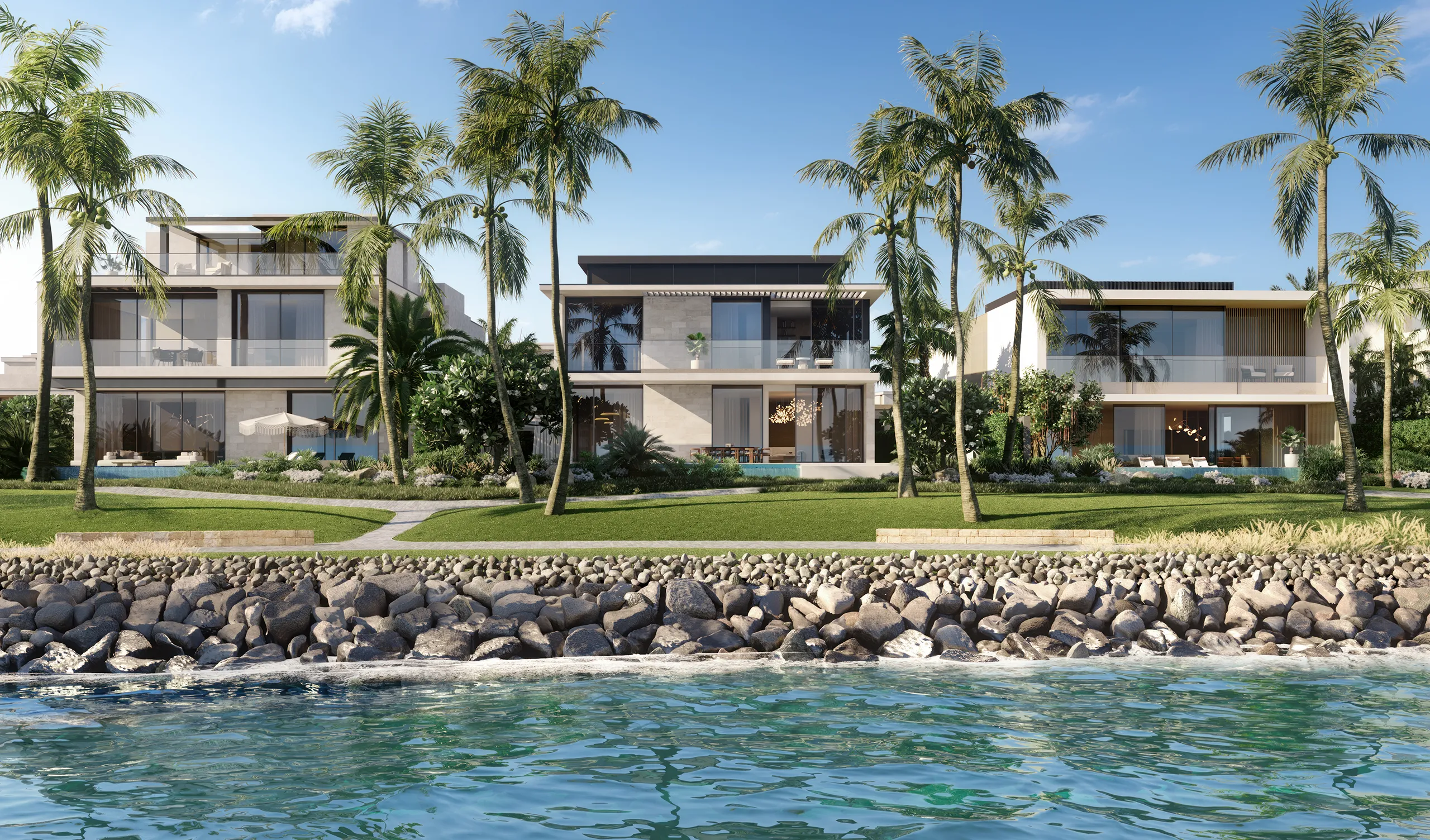 Landscaped waterfront in the shared Bay Villas imagery